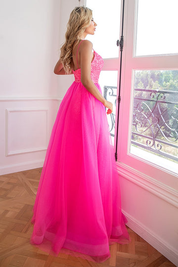 Fuchsia Sequins Tulle Ball Dress with Split Front